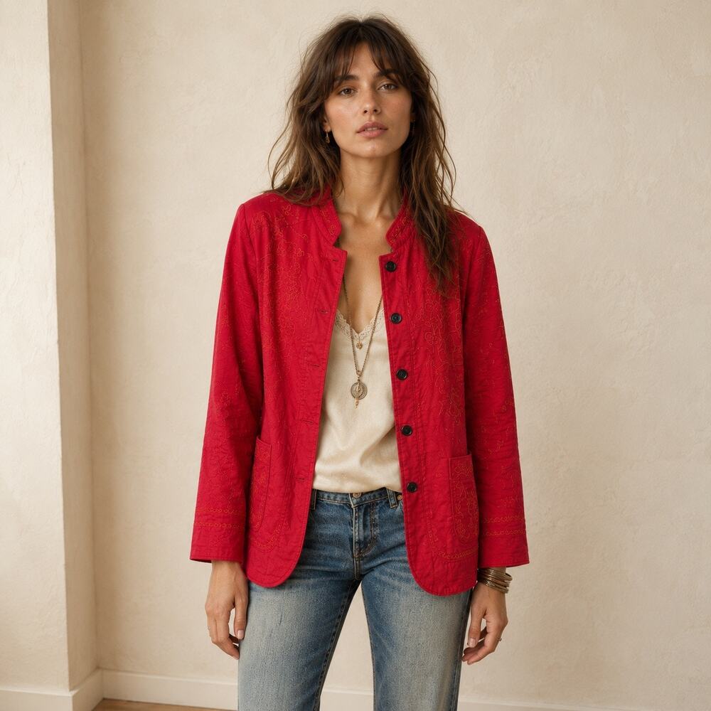 Vintage Coldwater Creek Red Embroidered Cotton Jacket Boho Oversized M/L